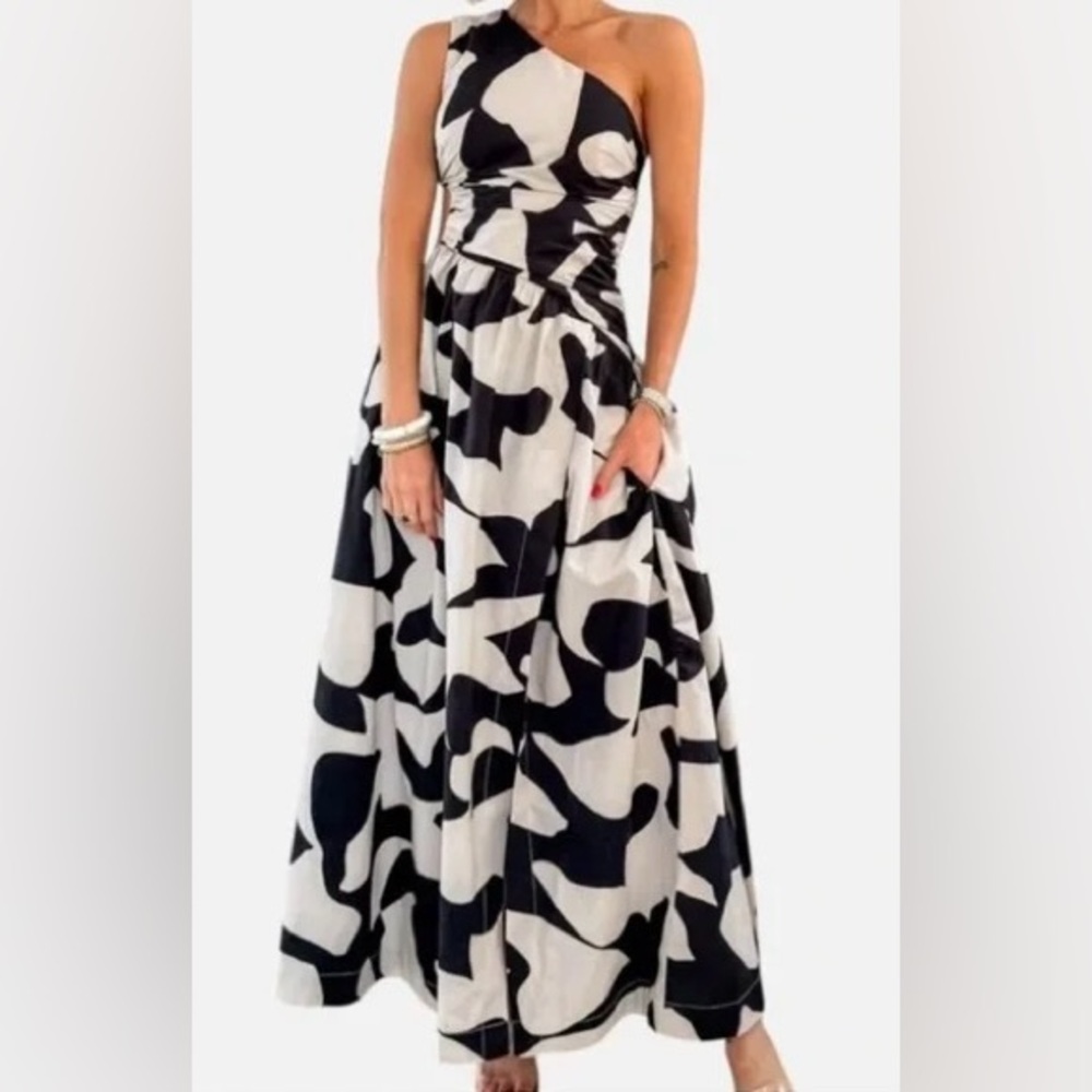 NWOT Abercrombie & Fitch One-Shoulder Abstract Maxi Dress -Black White - Size S
